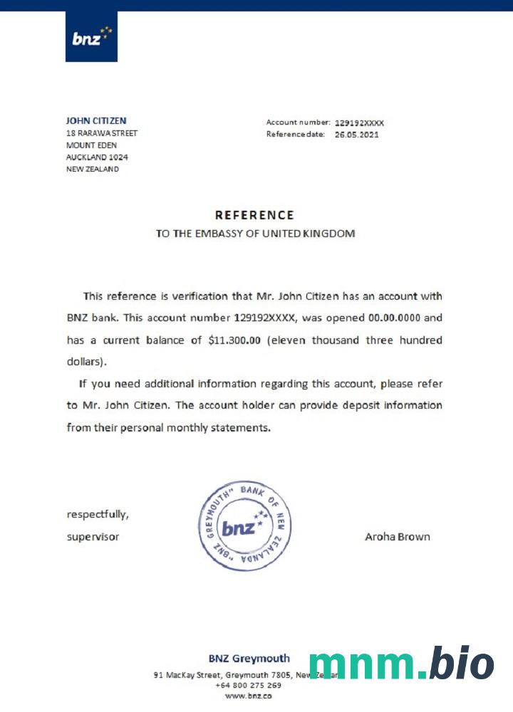 Przykład odniesienia BNZ w Nowej Zelandii w formatach Word i PDF